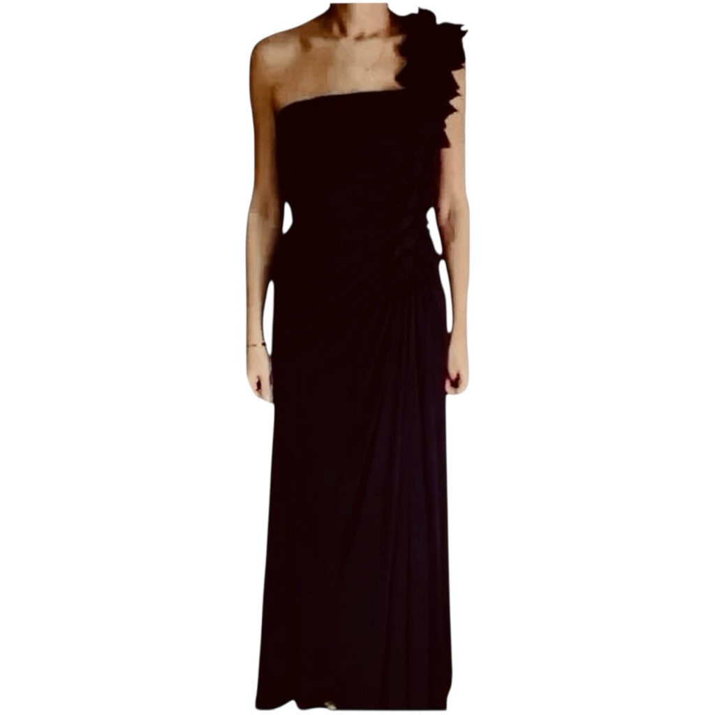 Tadashi Shoji Petites One Shoulder Rosette Silk Chiffon Gown In Black Size 8p